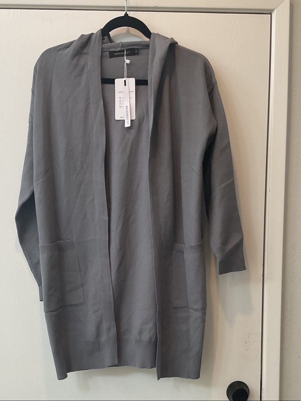 Hooded Open-Front Knit Cardigan with hood - Gray
